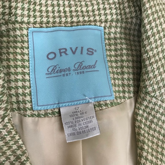 Orvis Silk Blazer Houndstooth Plaid Green Tan 12 - Picture 3 of 6